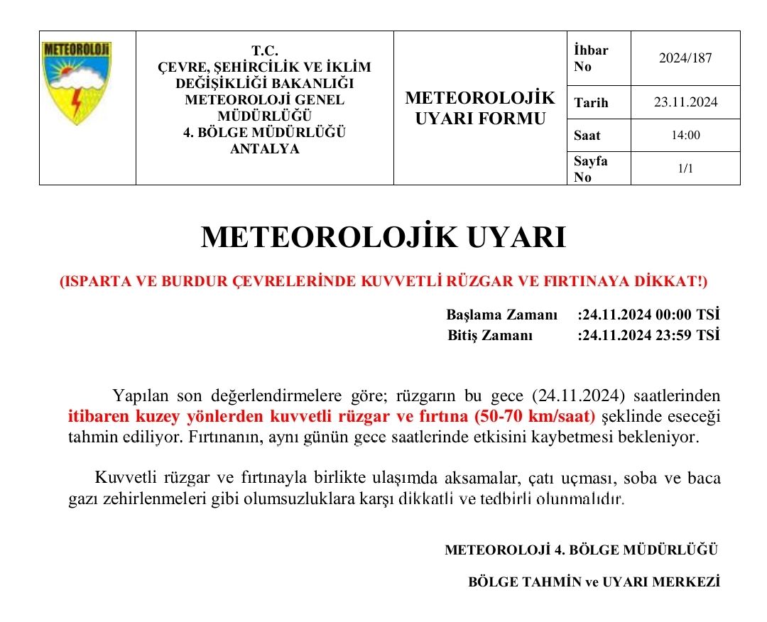 Burdur Meteorolojik Uyarı