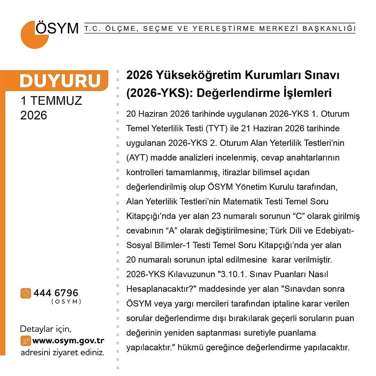 Osym Duyurdu Yksde 1 Soru Iptal 1 Sorunun Da Cevabi Degisti 3345014 202607011239 3