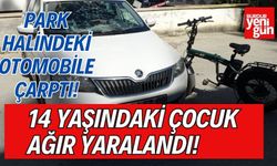 Park halindeki otomobile elektrikli bisikletle çarpan çocuk ağır yaralandı