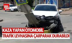 Kaza Yapan Otomobil, Trafik Levhasına Çarparak Durabildi