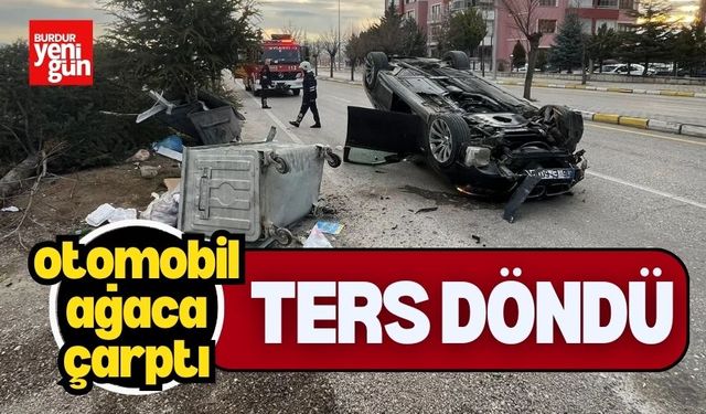 Otomobil ağaca çarparak ters döndü