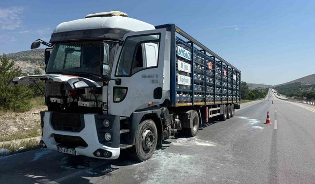 Afyonkarahisar'da Aygaz marka tüp yüklü tırın motorunda yangın